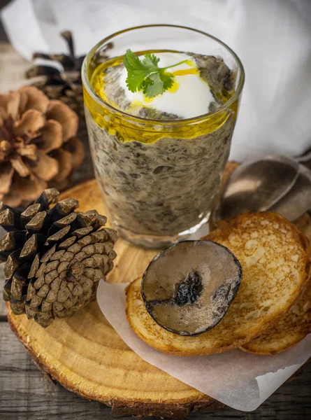 Mushroom pate in a jar over dark background, selective focus, — Stock Photo, Image