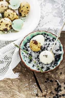 Siyah ve beyaz tuz karışımı ile bıldırcın yumurtası