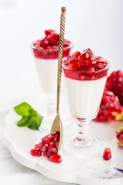 Pannacotta  with pomegranate jelly anate syrup — Stock Photo, Image