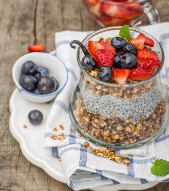 Chia seed pudding made with blueberries, strawberries vanilla and mint