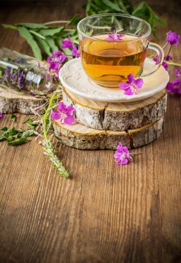 blooming Sally in a transparent cup and fresh flowers 