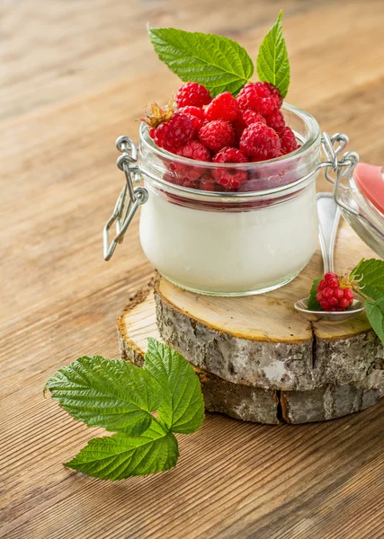 Pot en verre avec yaourt fait maison et framboises de jardin fraîches — Photo