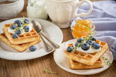 Homemade fresh crispy waffles for breakfast with blueberries and honey