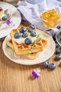 Homemade fresh crispy waffles for breakfast with blueberries and honey