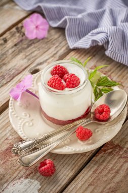 Natural yogurt with fresh raspberries and raspberry jam for breakfast in portion jars 