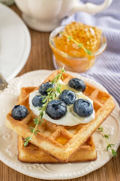 Домашні свіжі хрусткі вафлі на сніданок з чорницею та медом — стокове фото