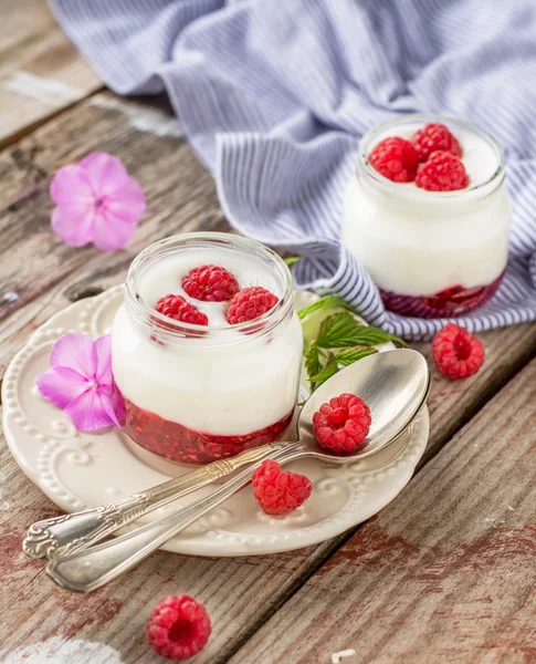 Natural yogurt with fresh raspberries and raspberry jam for breakfast in portion jars — Stock Photo, Image