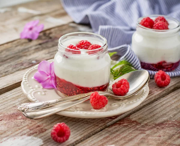 Natural yogurt with fresh raspberries and raspberry jam for breakfast in portion jars — Stock Photo, Image