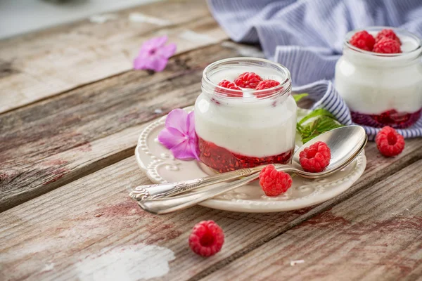 Natural yogurt with fresh raspberries and raspberry jam for breakfast in portion jars — Stock Photo, Image