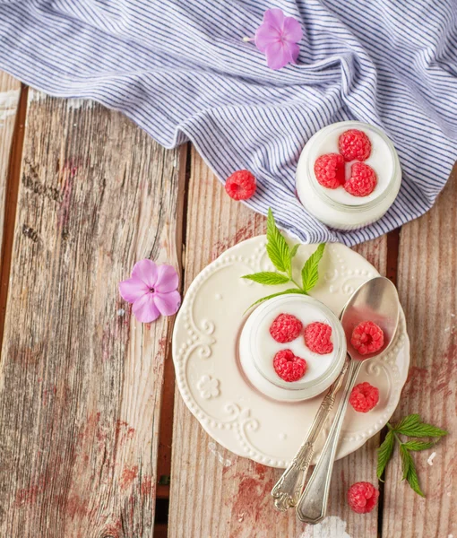 Plain Greek Yogurt with Raspberries — Stock Photo, Image