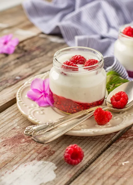 Natural yogurt with fresh raspberries and raspberry jam for breakfast in portion jars — Stock Photo, Image