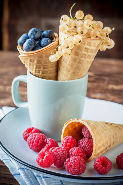 Trois cône de gaufre rempli de framboises fraîches mûres bleuets et groseilles — Photo