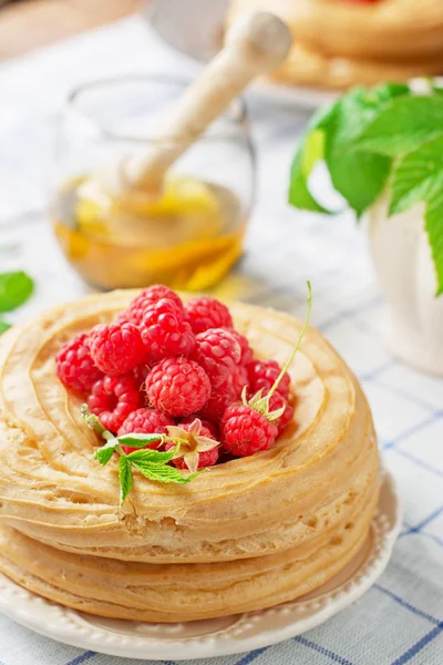 Ring cake met gestremde melk room ingericht verse rijpe frambozen — Stockfoto