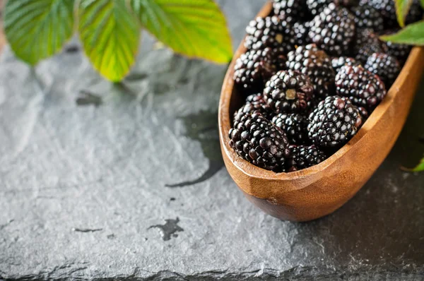 Fresh blackberries in wooden bowl. Top view. — Stock Photo, Image