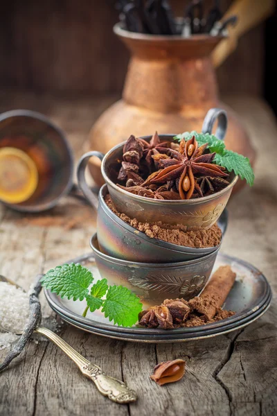 Cacao en polvo, anís estrellado, palitos de canela, menta —  Fotos de Stock