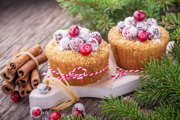 Muffins de cranberry com açúcar em pó e bagas frescas — Fotografia de Stock