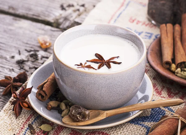 Indian masala tea with spices and milk — Stock Photo, Image