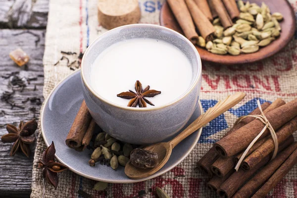 Indiai masala tea, fűszerek és a tej — Stock Fotó