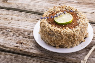 Delicate fragrant homemade cream pie with biscuit crumbs