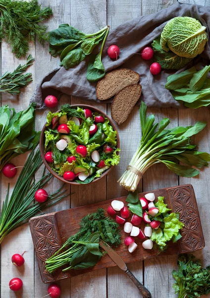 Ensalada saludable de verduras de primavera con rábano, pepino, col de col rizada —  Fotos de Stock