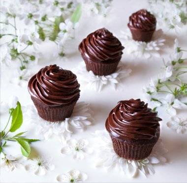 Süt bir arka plan üzerinde tereyağı krema ile Lezzetli çikolata cupcakes.