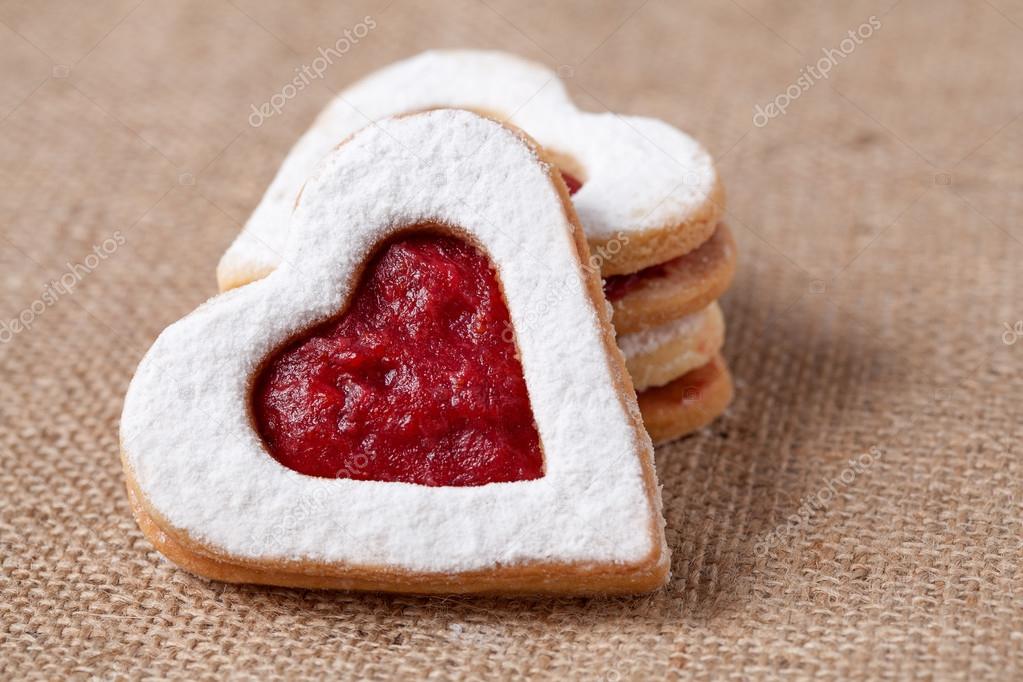 Heart shaped cookies for valentine's day on textile background