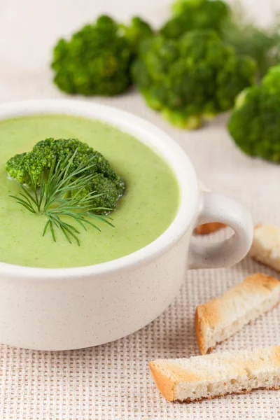 Sopa de brócolis verde deliciosa receita tradicional em uma tigela branca — Fotografia de Stock