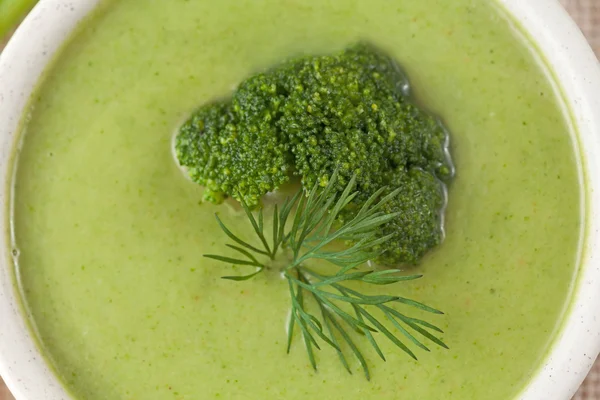 Appetizing broccoli green cream soup dieting recipe in a white bowl Royalty Free Stock Images