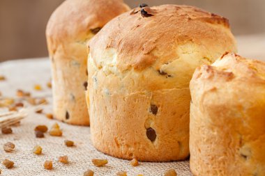 Lezzetli ev yapımı panettone Paskalya kek tatlı tatlı ekmek Tekstil üzerine üzümlü 