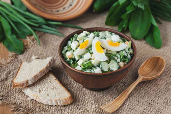 Voorjaar salade met wild lek, eieren en mayonaise in rustieke stijl kom — Stockfoto