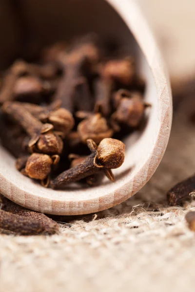 Brown droge kruidnagel aromatische specerij verspreid in houten schop op tex — Stockfoto