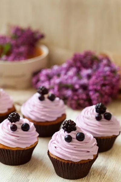 Кекси десерт прикрашений ягодами фіолетового кольору і бузковим на фоні. Природне світло, сільський стиль . — стокове фото