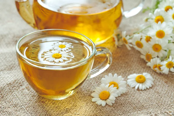 Chamomile tea healthy natural herbal relaxation beverage with camomile flowers and teapot. Vintage sacking background. — Stock Photo, Image