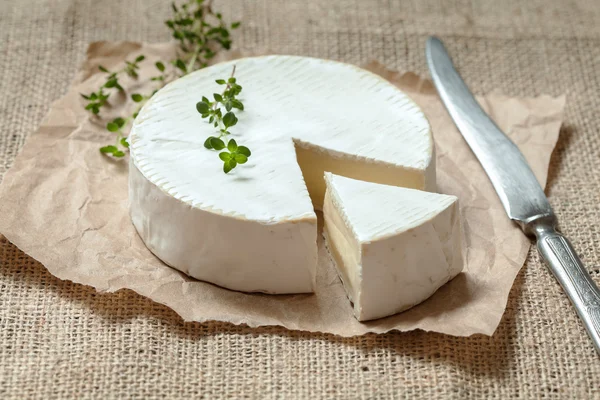 Camembert ost, skivad runda krämig traditionell normandisk franska mejerimjölk mat med vintage kniv och timjan på rustika pergament — Stockfoto