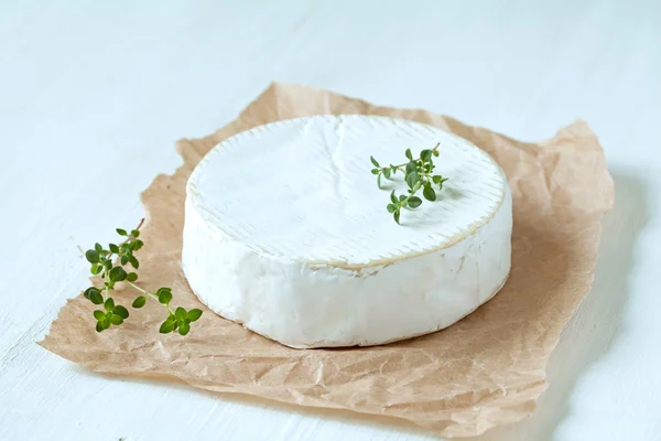 Camembert ost traditionell fransk gourmetmat med timjan på pergament — Stockfoto