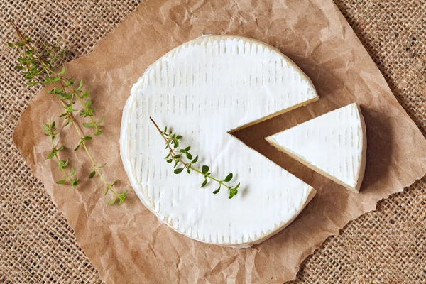 Plátky kola hermelín sýr tradiční mléčné krémové mléčný výrobek s tymiánem na vinobraní pergamen — Stock fotografie