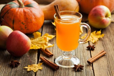 Hot apple cider healthy traditional winter christmas or thanksgiving holiday beverage. Sweet organic autumn drink with spices, cinnamon and anise on vintage wooden background.