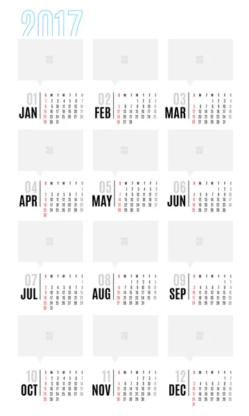 Vector del calendario 2017 año, 12 meses calendario con basi simple — Vector de stock