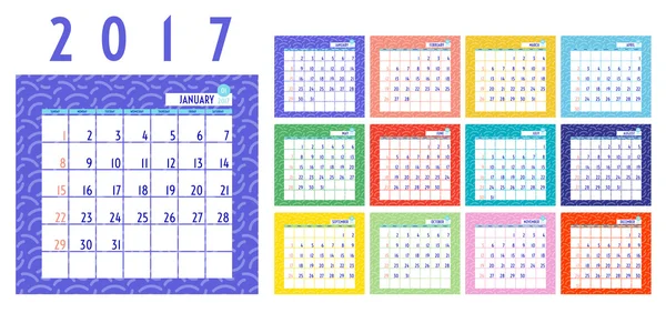 Vektor kalender 2017 tahun, 12 bulan kalender dengan warna-warni re - Stok Vektor
