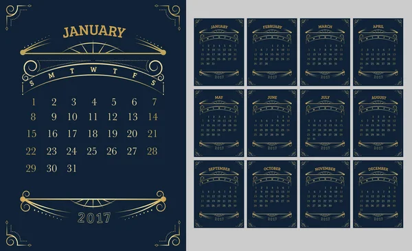 Vetor do calendário 2017 ano, calendário de 12 meses com vinheta de ouro — Vetor de Stock