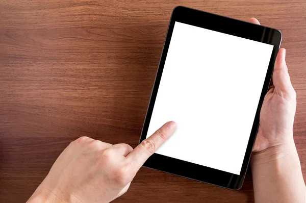 Hand touch on empty screen of tablet — Stock Photo, Image