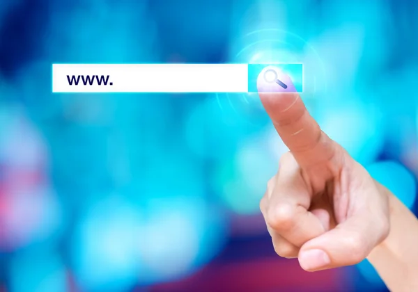 Finger touch on search button with search bar and www. word at b — Stock Photo, Image