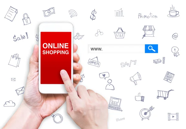 Mão toque celular com palavra compras on-line com pesquisa bo — Fotografia de Stock
