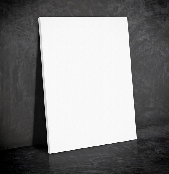 Blank white paper poster on black concrete wall and floor, Mock u
