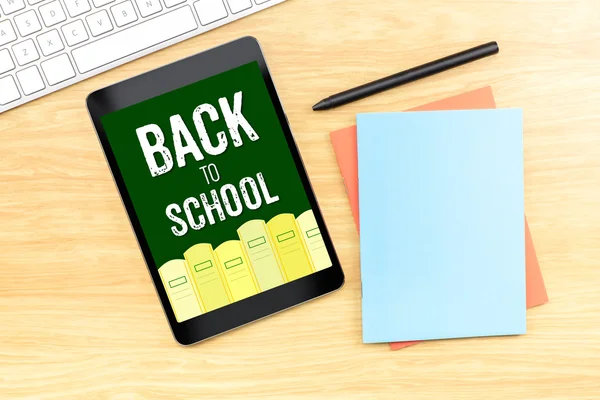 Back to school word on tablet screen with book pencil and keyboa — Stock Photo, Image