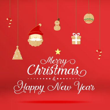 vektör, stüdyo kırmızı ahşap simgesi ile noel ve mutlu yeni yıl