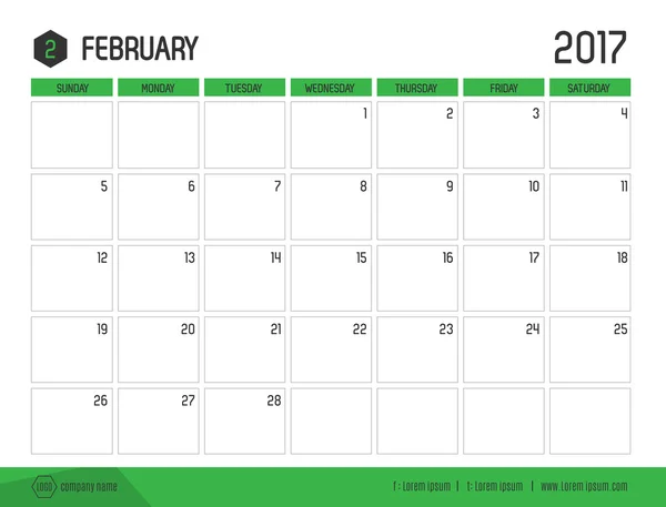 Vector of Calendar 2017 new year, February with green bar color and clean modern style template, Week start at Sunday . — стоковый вектор