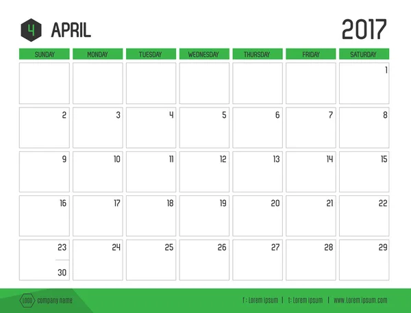 Вектор календаря 2017 новый год, апрель с зеленой полосой цвета и — стоковый вектор