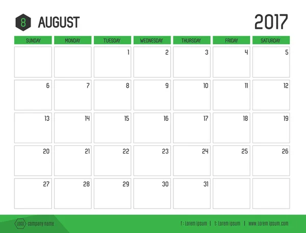 Vector van kalender 2017 Nieuwjaar, augustus met groene balk kleur an — Stockvector