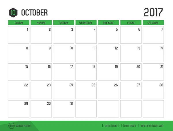 Vector del calendario 2017 nuevo año, octubre con el color verde de la barra a — Vector de stock